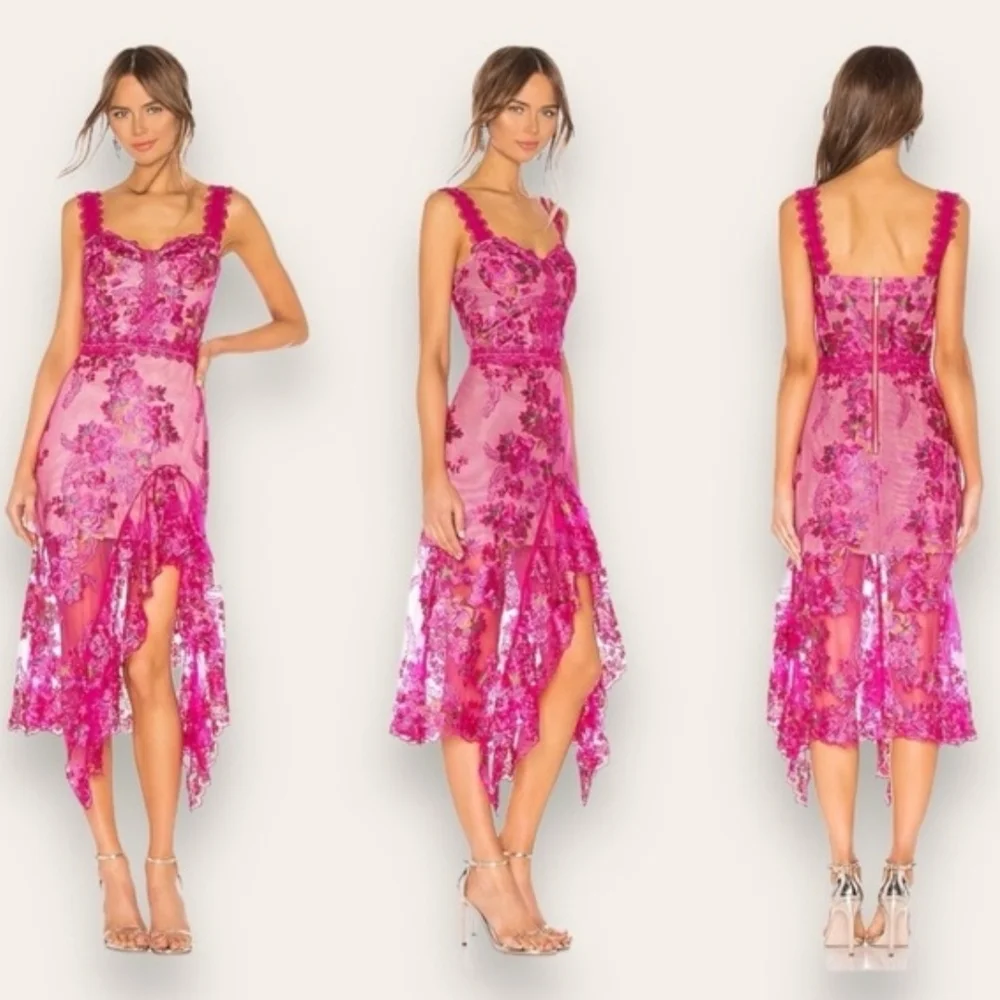**NWT** BRONX & BANCO Vibrant Pink Asymmetrical Lace Dress - Picture 3 of 11